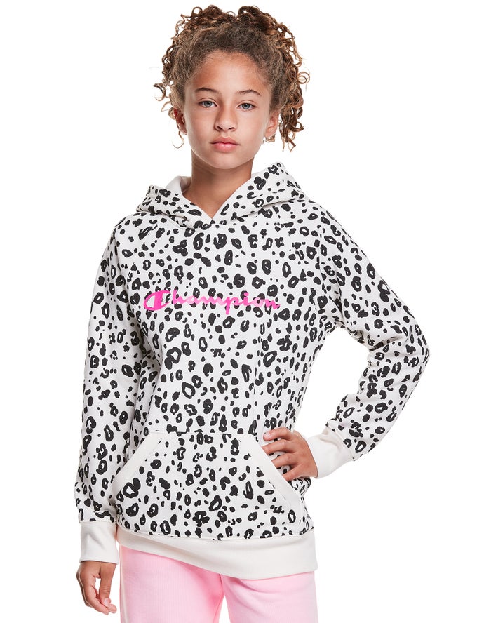 Champion Pige Hættetrøje Sort/Hvide - Fleece Raglan Leopard Print - Danmark QGI-502371